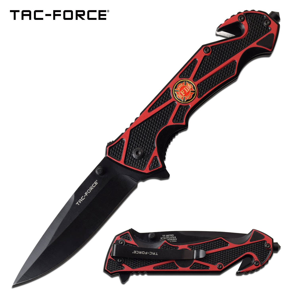 Red Firefighter Black Blade Rescue Spring-Assist Folding Knife - TOPHATTER'S ARMORY DEALS