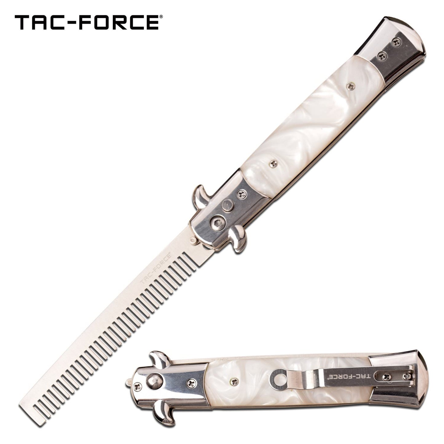 Automatic Push Button Folding Beard Comb Switchblade Knife White Acrylic Handle