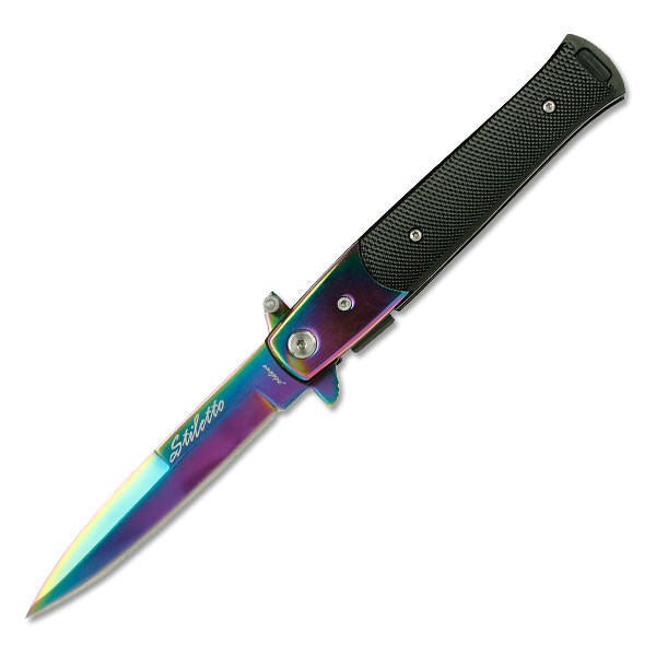 Stiletto Style Spring Assist knife Rainbow Finish Spear Point Blade - TOPHATTER'S ARMORY DEALS