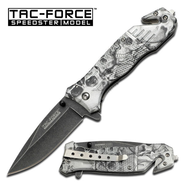 Spring Assist Knife - Rescue Window Breaker - White Skull Camo - TOPHATTER'S ARMORY DEALS