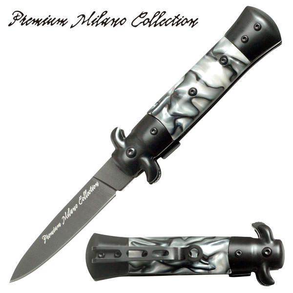 Black Stiletto Style Spring Assist Knife - White Pearl Handle