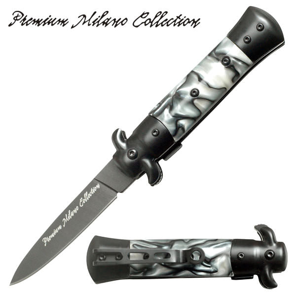 Black Stiletto Style Spring Assist Knife - White Pearl Handle - TOPHATTER'S ARMORY DEALS