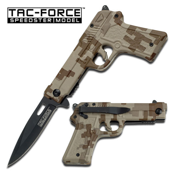 Fully Loaded Spring Assist Pistol Folding Knife - Desert Camo - TOPHATTER'S ARMORY DEALS