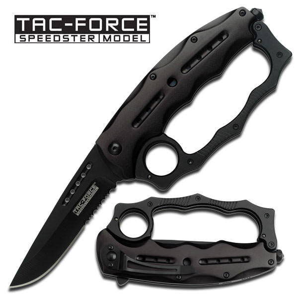 All Black Knuckle Handle Spring Assisted Knife With Glass Breaker - TOPHATTER'S ARMORY DEALS