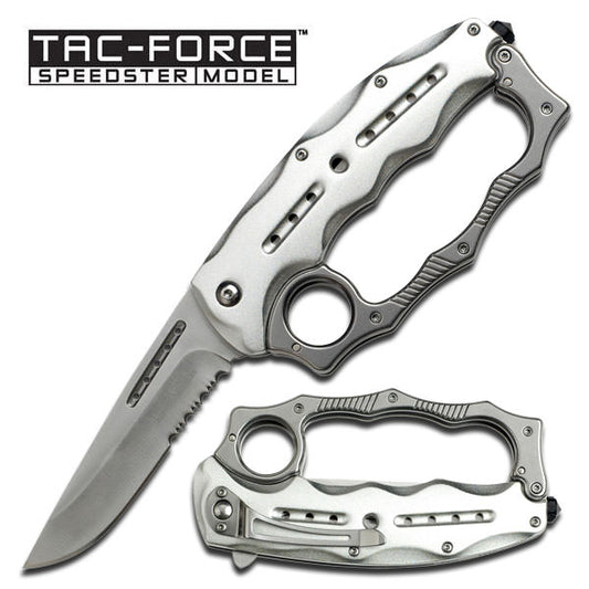 Silver Knuckle Handle Spring Assisted Knife With Glass Breaker