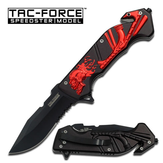 Skull Handle Rescue Folder Spring Assist Knife - Red Skull and Pipe