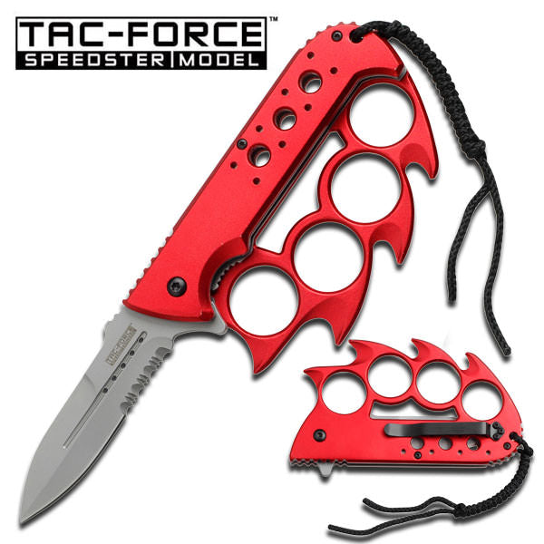 Red Knuckle Handle Spring Assisted Knife With Lanyard