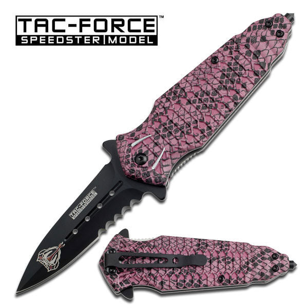 Spring Assist Knife Black Serrated Dagger Pink Cobra - TOPHATTER'S ARMORY DEALS