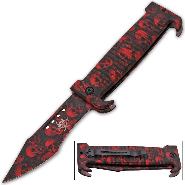 Red Undead Gasher Zombie Slayer Death Curve Spring Assisted Knife