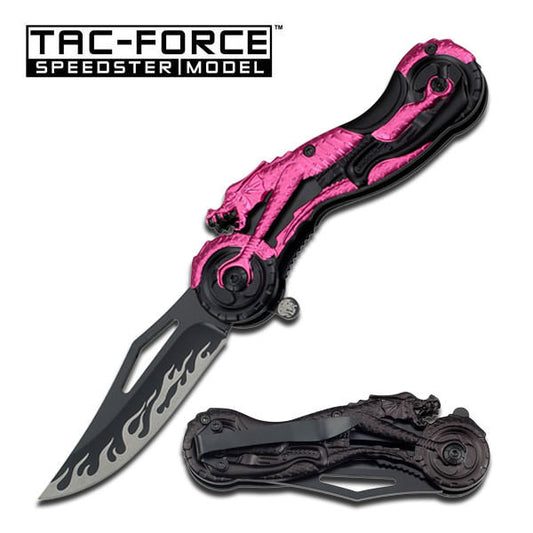 Pink Dragon On Motorcycle Handle Assisted Opening Knife