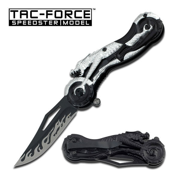 Silver Dragon Motorcycle Handle & Flaming Blade Fantasy Assisted Knife - TOPHATTER'S ARMORY DEALS