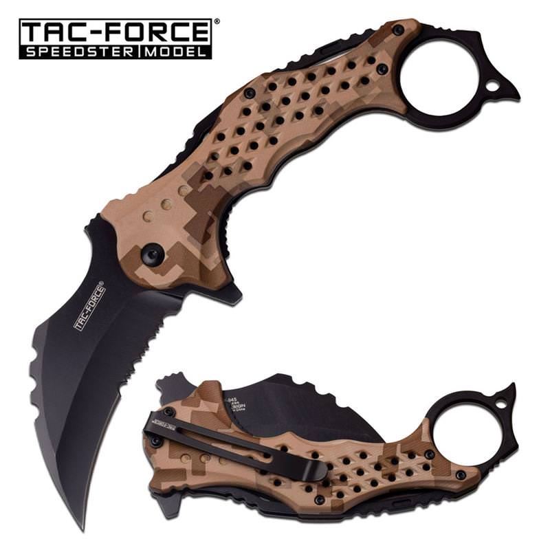 3" Black Serrated Blade Tan Camo Karambit Tactical Spring Assist Knife - TOPHATTER'S ARMORY DEALS