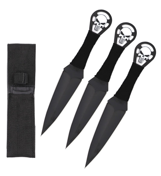 9 Inch Black Punisher Skull Throwing Knives 3 Pc Set