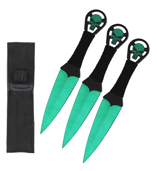9 Inch Green Punisher Skull Throwing Knives 3 Pc Set