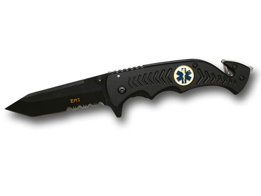 8 Inch Assisted Open Rescue Series Knife All Black EMT EMS