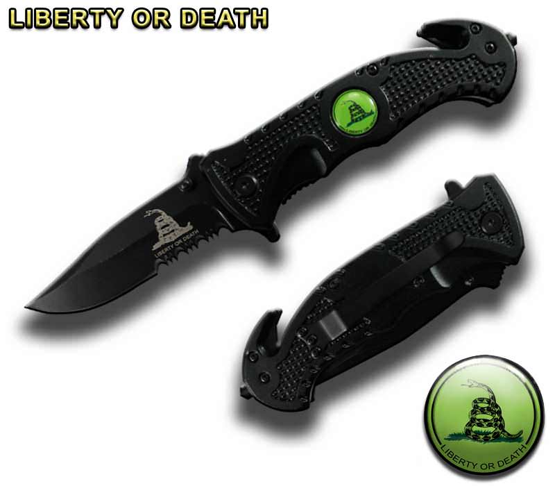 4.5" Spring Assist " Liberty Or Death " Folding Knife - Black - TOPHATTER'S ARMORY DEALS