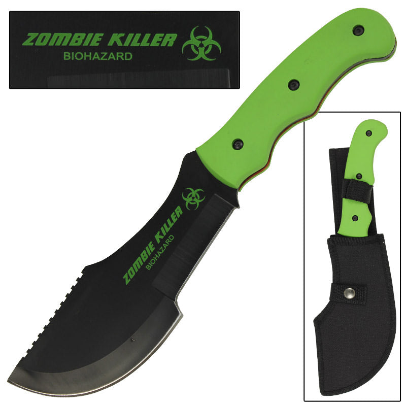 ZOMBIE KILLER Knife Tracker Green Handle Black Blade Bio Hazard