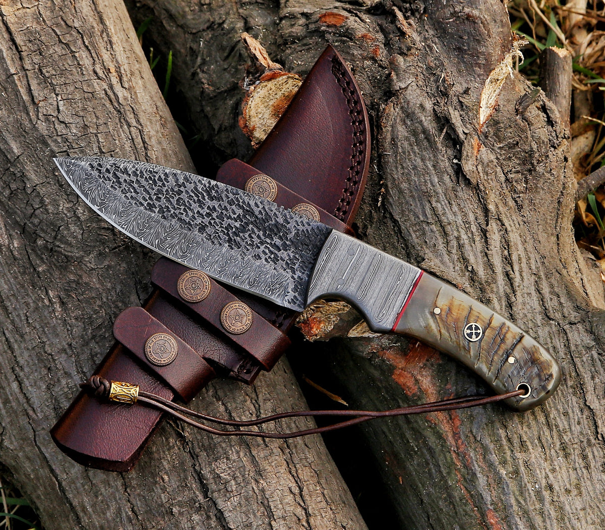 Custom Handmade Hammered Damascus Steel Hunting Skinning Knife  - TOPHATTER'S ARMORY DEALS