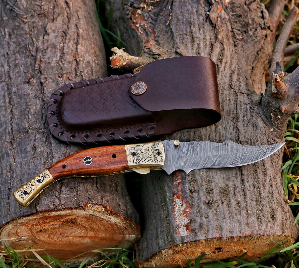 9" Damascus Steel Custom Hand Engraved Pocket Knife - TOPHATTER'S ARMORY DEALS