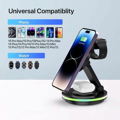 Foldable 4-in-1 Magnetic Wireless Charging Station with 7-Color Night Light for iPhone, Apple Watch & AirPods