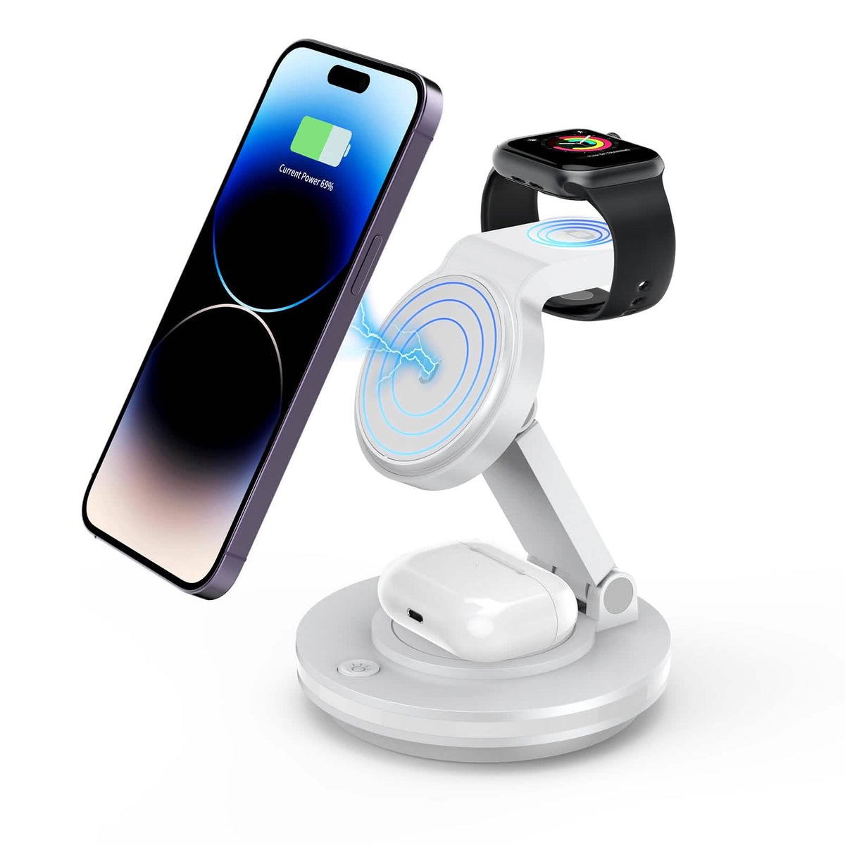 Foldable 4-in-1 Magnetic Wireless Charging Station with 7-Color Night Light for iPhone, Apple Watch & AirPods