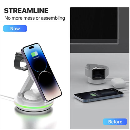 Foldable 4-in-1 Magnetic Wireless Charging Station with 7-Color Night Light for iPhone, Apple Watch & AirPods