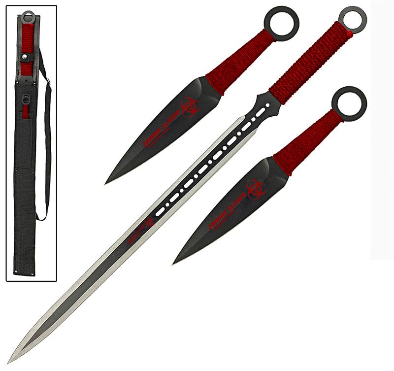 Three Piece Blood Red Ninja Sword Kunai Throwing Knife Set - TOPHATTER'S ARMORY DEALS