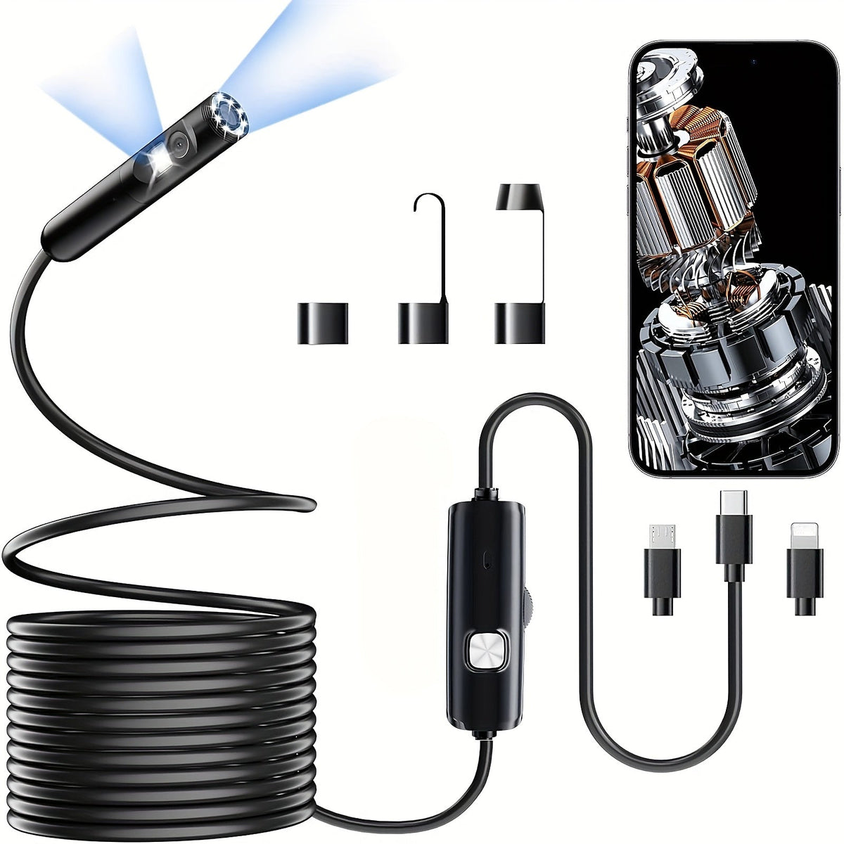 Dual Lens Phone Endoscope, 1920p Inspection Camera with 8 LEDs for iPhone and Android