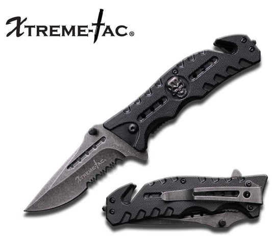Black Tactical Rescue Folder Spring Assisted Knife Serrated Blade