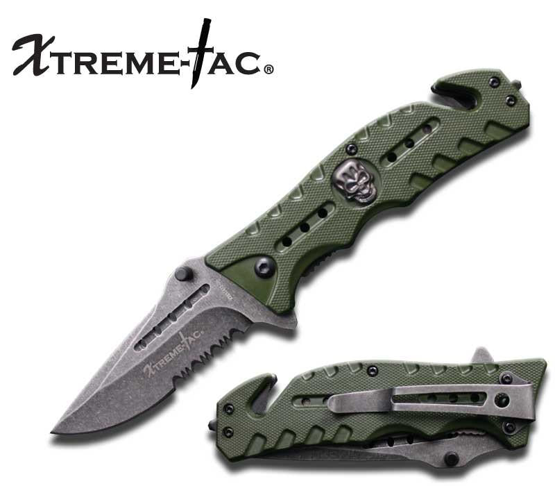 Green Tactical Rescue Folder Spring Assisted Knife Serrated Blade