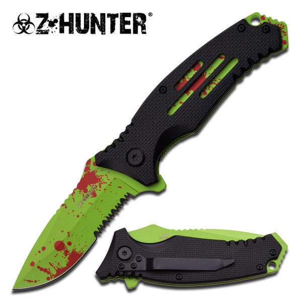 Z-Hunter Green Blade Red Blood Splatter Spring Assisted Pocket Knife - TOPHATTER'S ARMORY DEALS