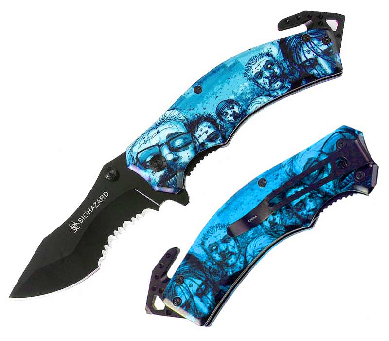 Rescue Spring Assist - 'Legal Auto Knife' - Walking Undead with Biohazard Blue