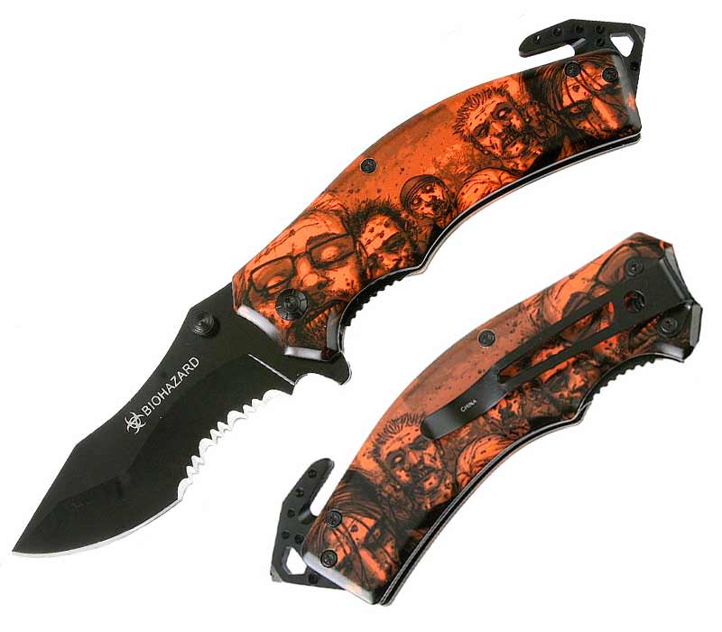 Rescue Spring Assist - 'Legal Auto Knife' - Walking Undead with Biohazard Orange - TOPHATTER'S ARMORY DEALS