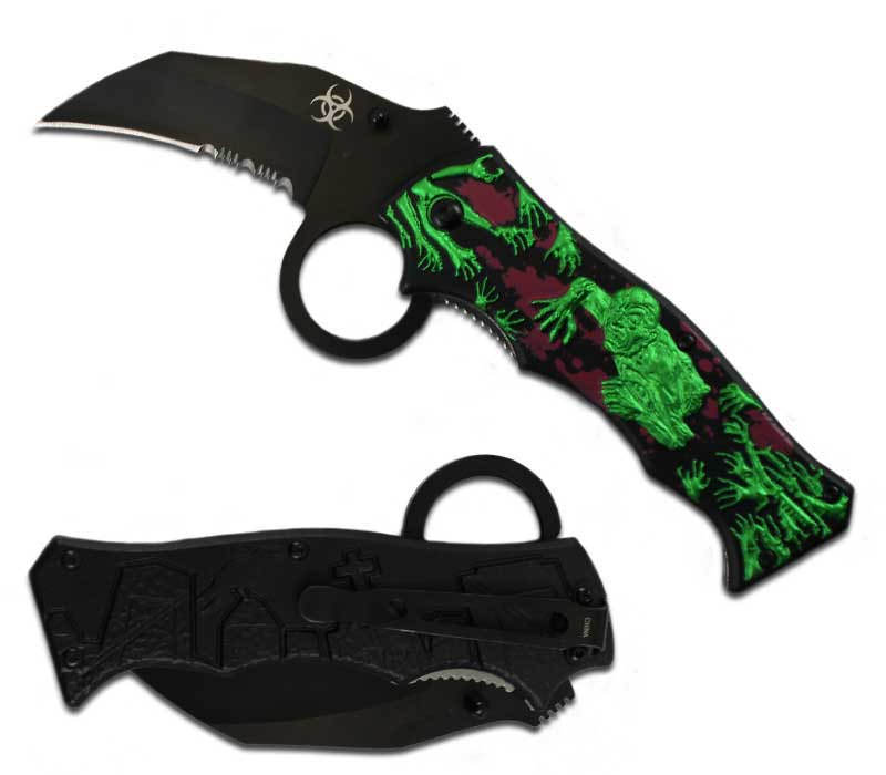 Zombie Killer Finger Hole Spring Assist Knife - Black/Green Blood Red - TOPHATTER'S ARMORY DEALS