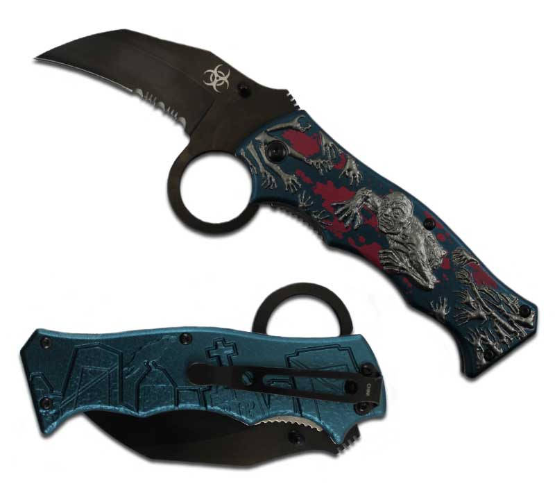 Zombie Killer Finger Hole Spring Assist Knife - Black/Grey Blood Red