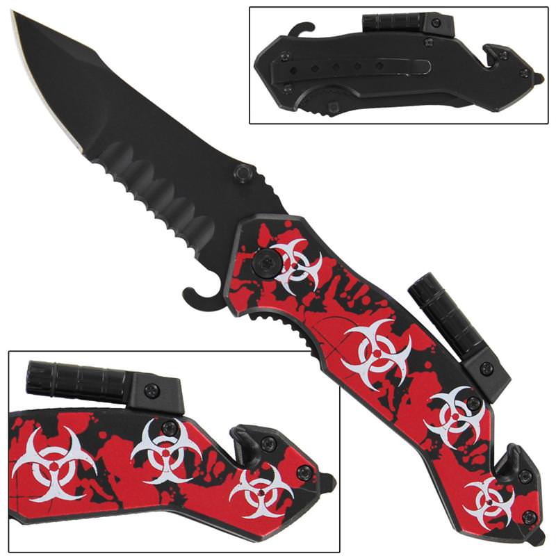 Zombie Fatality Bio-Hazard Flashlight Spring Assist Knife - TOPHATTER'S ARMORY DEALS
