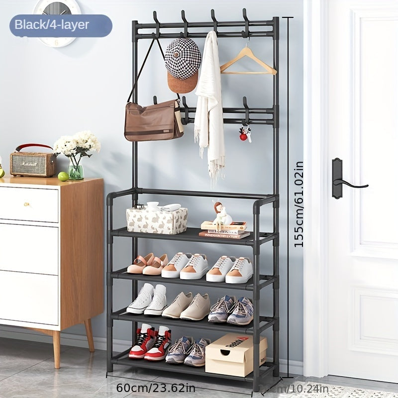 Stainless Steel Coat & Shoe Rack (8-Hook 4-Tier)