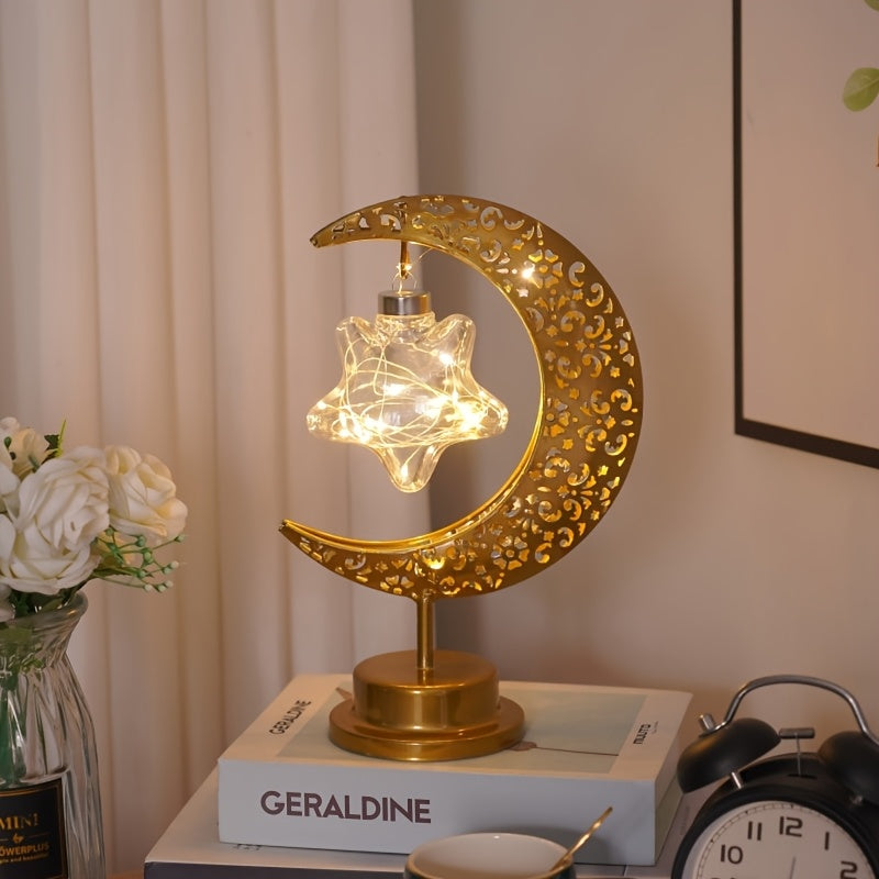 Crescent Moon Star LED Lantern Floral Pattern Battery-Powered