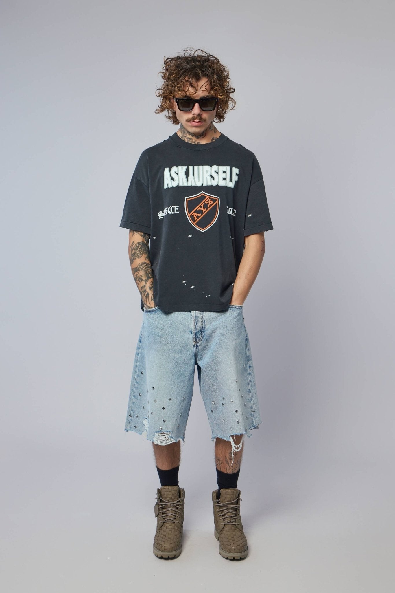 Cross Pin Baggy Jeans Shorts