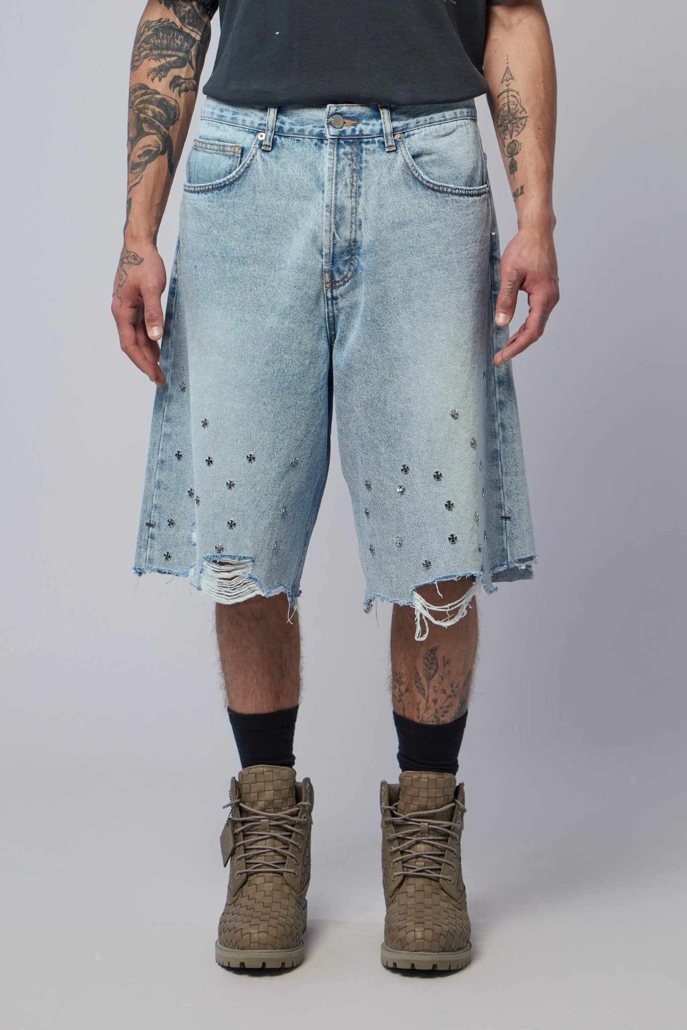 Cross Pin Baggy Jeans Shorts