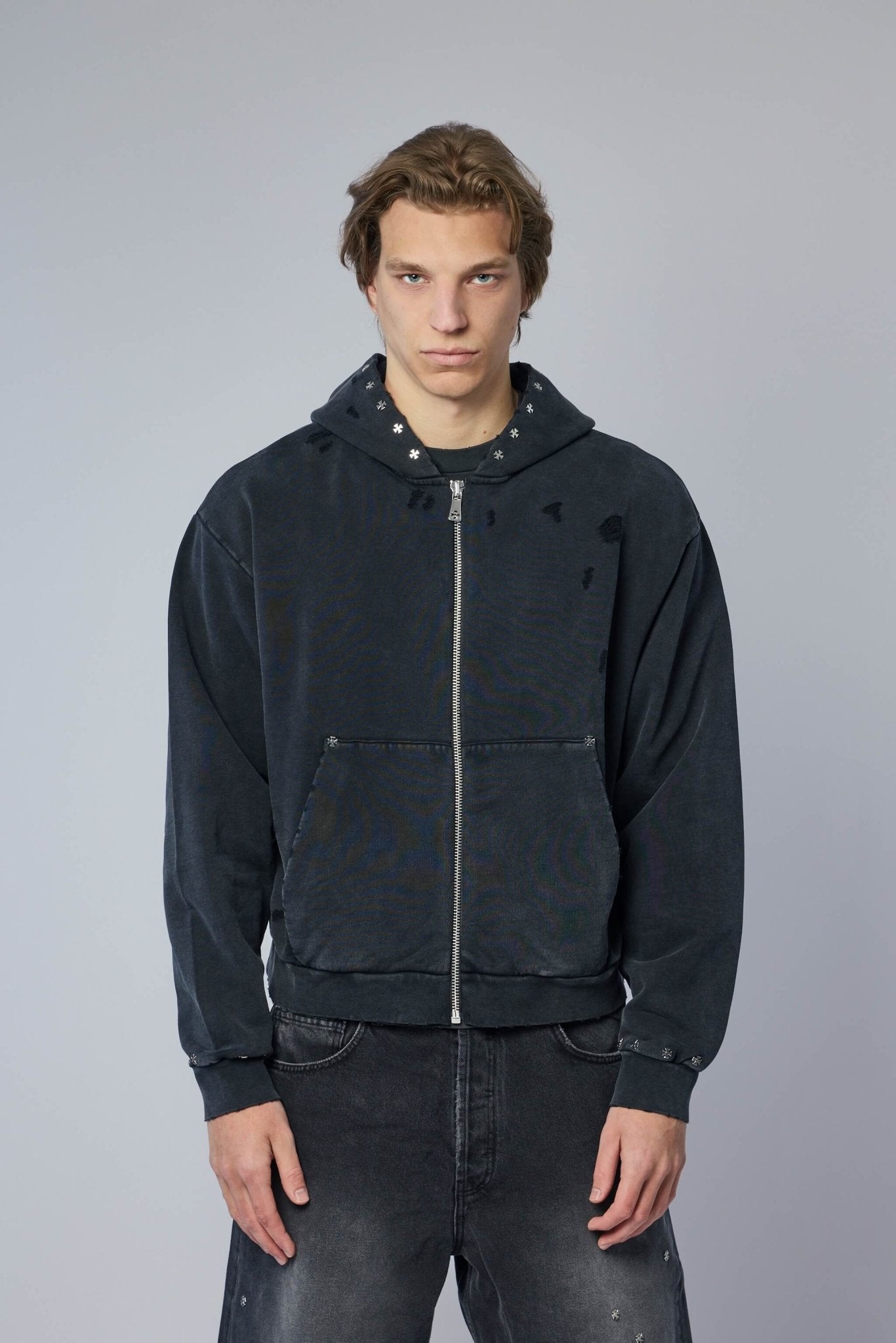 Cross Studded Destroyer Zip Hoodie