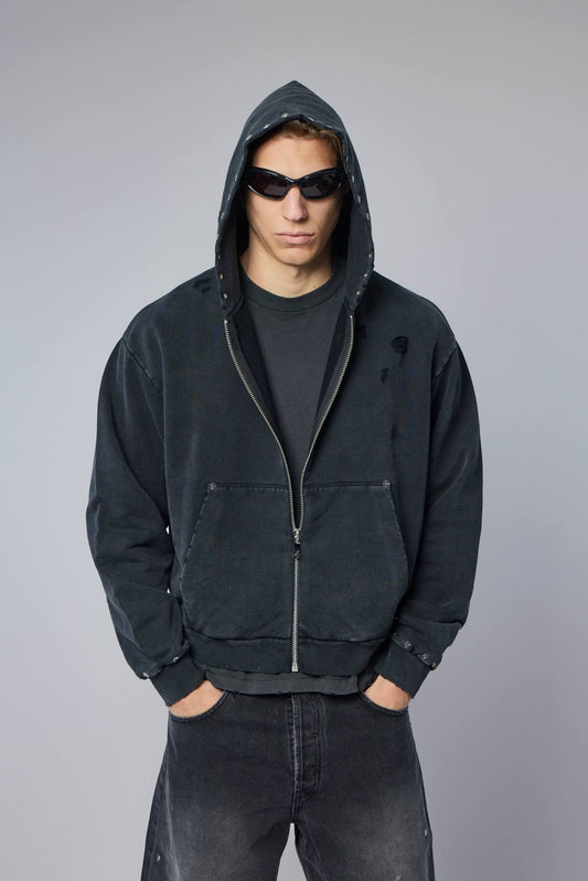 Cross Studded Destroyer Zip Hoodie