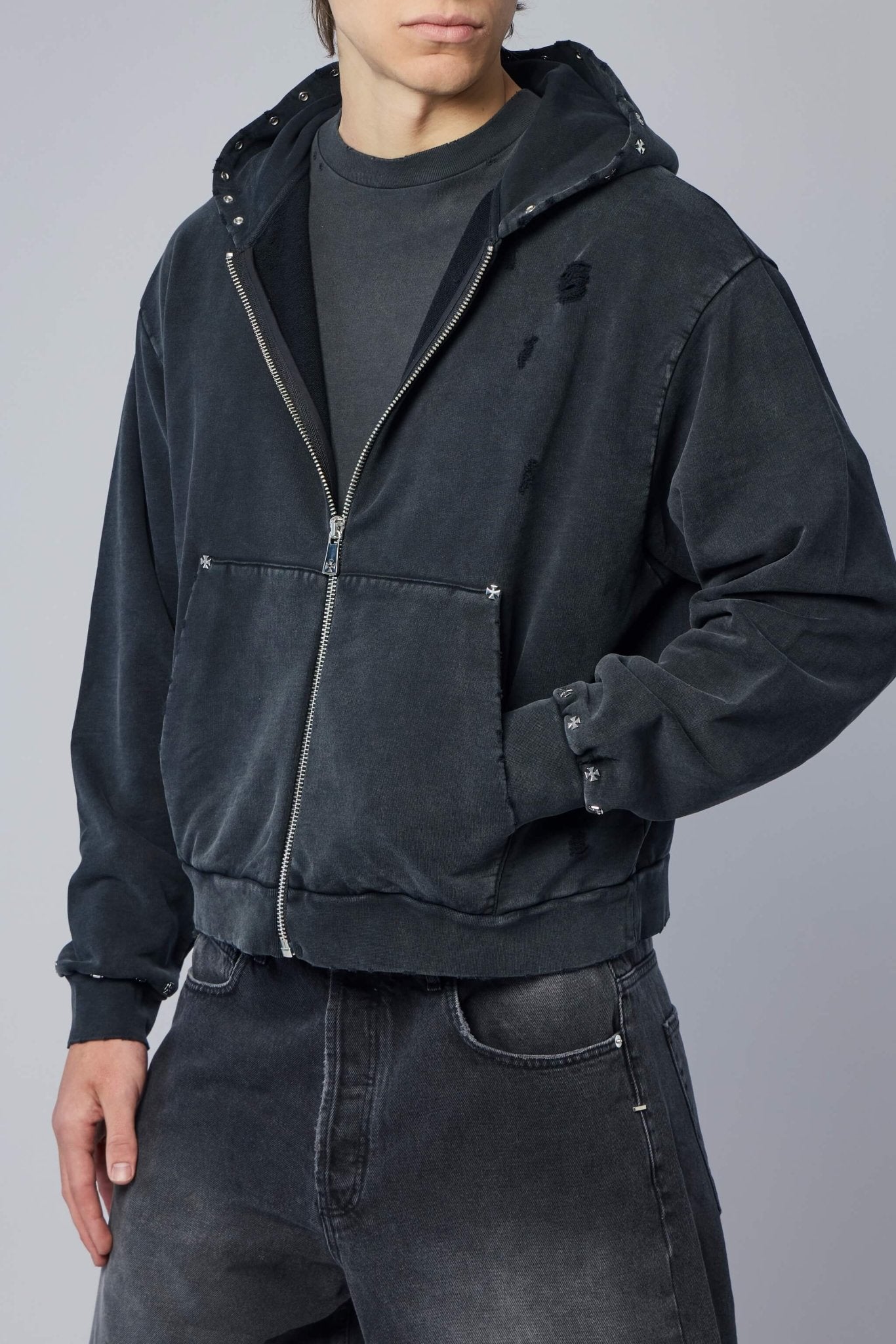 Cross Studded Destroyer Zip Hoodie