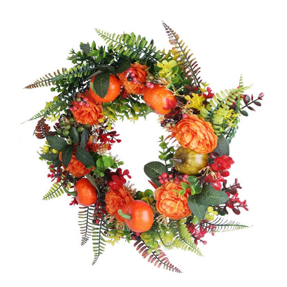 Autumn Wreath with Pumpkin Mixed Leaves Berries Flower Fall