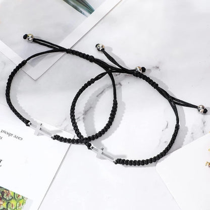 Cross Charm Braided Bracelet - Adjustable Black Cord with Silver-Tone Sideways Cross