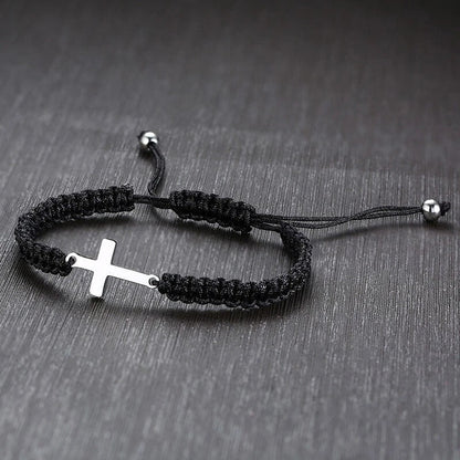 Cross Charm Braided Bracelet - Adjustable Black Cord with Silver-Tone Sideways Cross