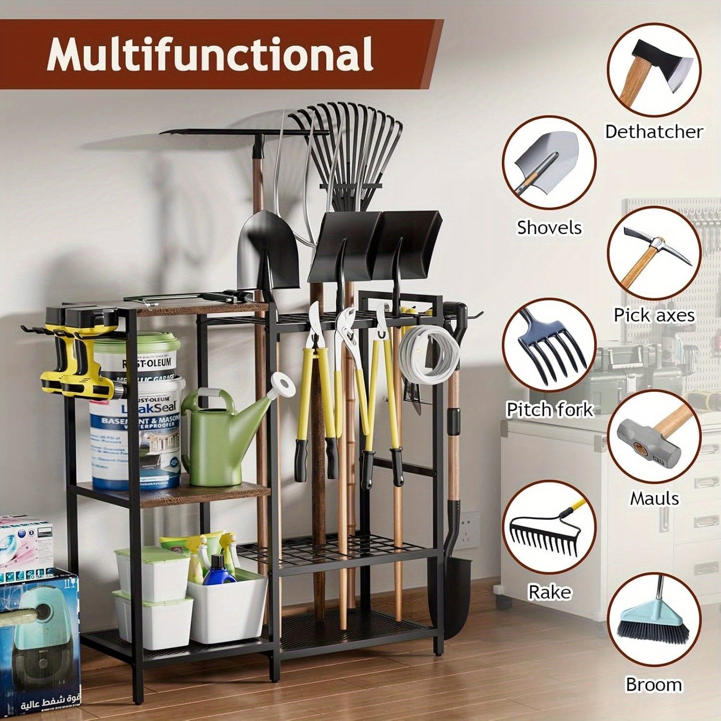 Garden Tool Rack with Wooden Shelves