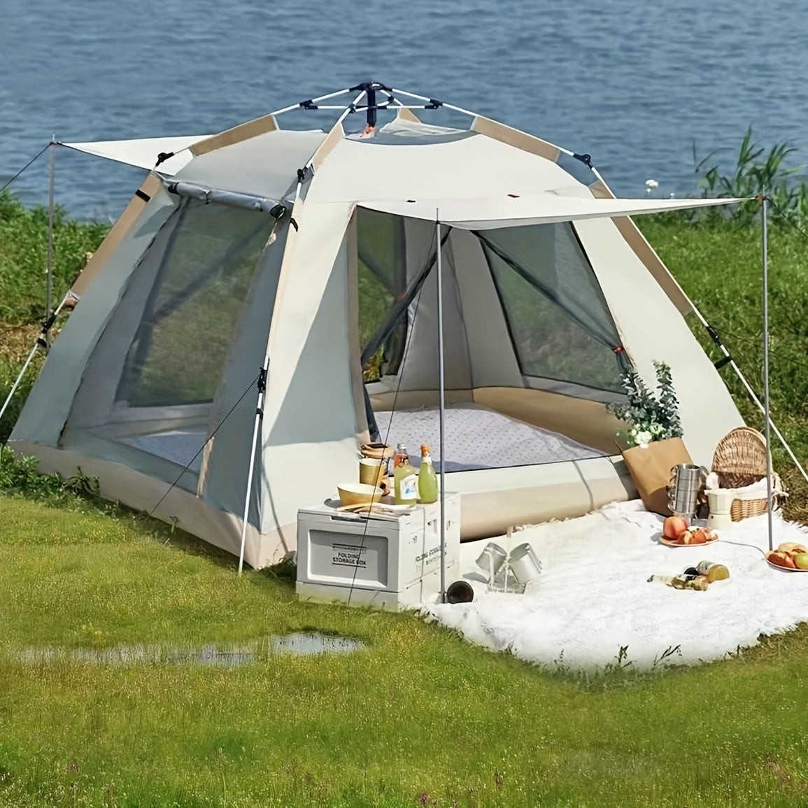 8-Person Family Camping Tent with Canopy Setup