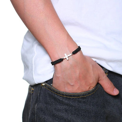 Cross Charm Braided Bracelet - Adjustable Black Cord with Silver-Tone Sideways Cross