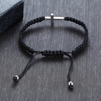 Cross Charm Braided Bracelet - Adjustable Black Cord with Silver-Tone Sideways Cross